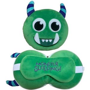 Groen monster knuffel/reiskussen/slaapmasker 3-in-1 voor kinderen - Knuffeldier - Kussentjes en slaapmaskers voor onderweg, in het vliegtuig of in de auto
