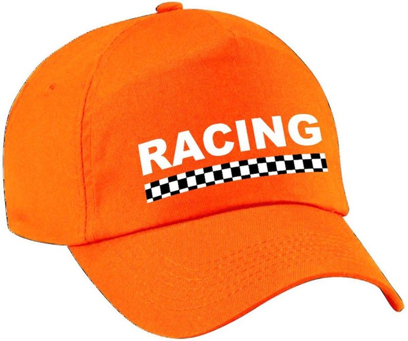 Racing / finish vlag verkleed pet oranje voor kinderen