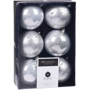 6x Kerstboomversiering luxe kunststof kerstballen zilver 8 cm - Kerstversiering/kerstdecoratie zilver