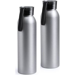 2x Aluminium drinkfles/waterfles met zwarte dop 650 ml - Sportfles - Sportbidon