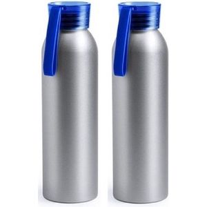 2x Aluminium drinkfles/waterfles met blauwe dop 650 ml - Sportfles - Sportbidon