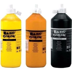 Set van 3x flessen Zwarte-Gele-Oranje hobby knutselen kinder verf op waterbasis - 500 ml per fles - Schilderen/verfen