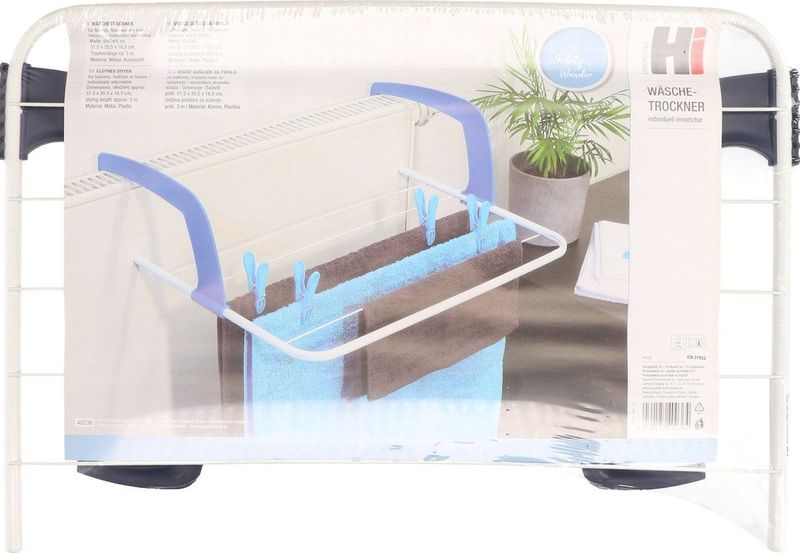 Wasrek - Wit met Blauw - Voor aan Verwarming - 51 cm - Droogrekken - 3 Meter Drooglengte