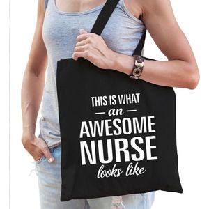 Awesome nurse / zuster cadeau katoenen tas zwart voor dames - zorgpersoneel kado / tasje / shopper