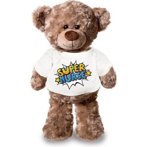 Super nurse/ zuster pluche teddybeer knuffel 24 cm met wit pop art t-shirt - super nurse / cadeau knuffelbeer