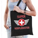 Super verpleegster cadeau katoenen tas zwart voor dames - zorgpersoneel kado /  tasje / shopper