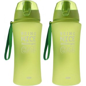 2x Groene bidon drinkflessen/waterflessen 480 ml- Sportfles/sportbidon met sportdop - Herbruikbare drinkbeker/drinkbus voor school/werk/sporten