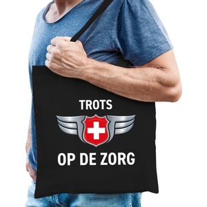 Trots op de zorg zilveren schild katoenen tas zwart voor heren - waardering / steun tassen - kado /  tasje / shopper