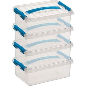 4x Sunware Q-Line opberg boxen/opbergdozen 4 liter 30 x 20 x 10 cm kunststof - platte/smalle opslagbox - Opbergbak kunststof transparant/blauw