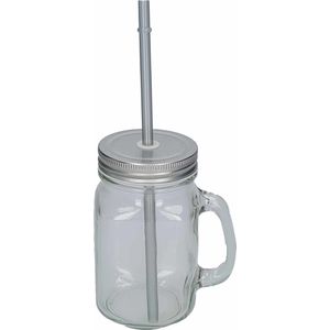 1x Stuks Glazen Mason Jar Drinkbekers Zilvergrijze Dop en Rietje 500 ml