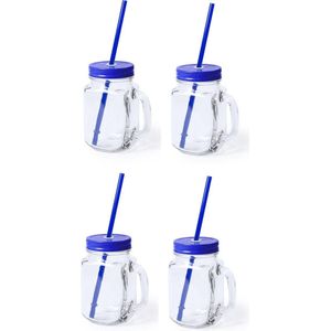 4x stuks Glazen Mason Jar drinkbekers blauwe dop en rietje 500 ml - afsluitbaar/niet lekken/fruit shakes