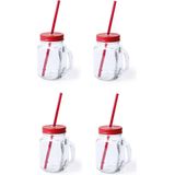 4x stuks Glazen Mason Jar drinkbekers rode dop en rietje 500 ml - afsluitbaar/niet lekken/fruit shakes