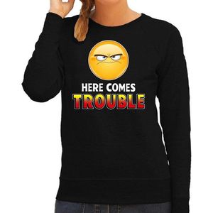 Funny emoticon sweater Here comes trouble zwart dames - Feesttruien