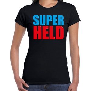 Super held fun tekst t-shirt zwart dames - Feestshirts