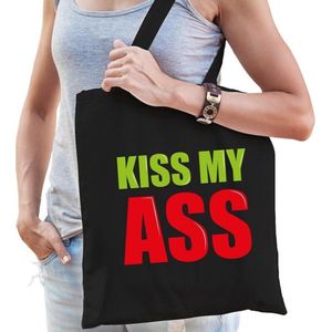 Kiss my ass cadeau tas zwart voor dames cadeau katoenen tas zwart voor dames - kado tas / tasje / shopper