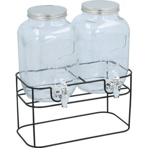 2x Glazen drank dispensers/limonadetaps met brede metalen standaard - 4 liter