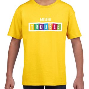 Mister trouble fun tekst t-shirt geel kids - Fun tekst Verjaardag cadeau kado t-shirt kids 146 152