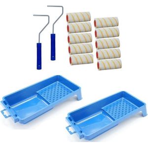 10x verfroller / vachtrollers incl 2 rollerbeugels en 2 verfbakken - 10 cm - rollers voor het schilderen van wanden en plafonds