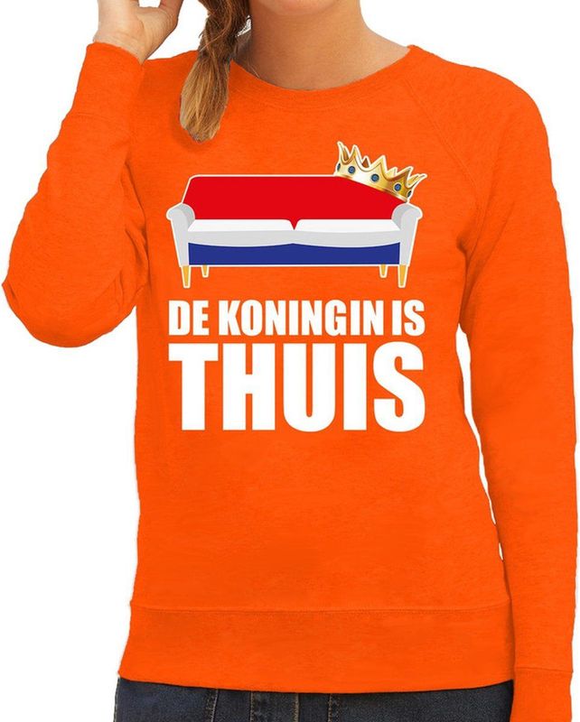 Koningsdag sweater de Koningin is thuis oranje voor dames
