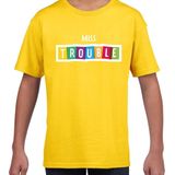 Miss trouble fun tekst t-shirt geel kids - Fun tekst Verjaardag cadeau kado t-shirt kids 110 116