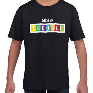 Mister trouble fun tekst t-shirt zwart kids - Fun tekst / Verjaardag cadeau / kado t-shirt kids 158/164