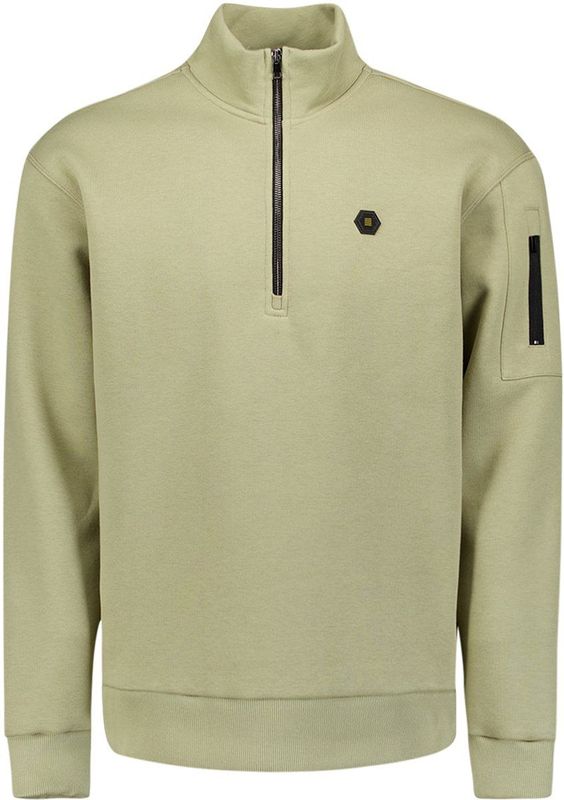 No Excess - Sweater - Groen - Regular Fit - Korte Rits - Opstaande Kraag