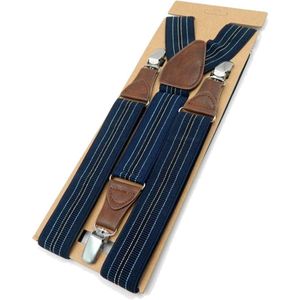 Luxe chique – bretels – blauw gestreept met wit en grijs design - Sorprese - 3 extra stevige clips – met bruin leer – heren