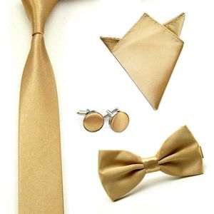 Luxe set stropdas inclusief vlinderstrik pochette en manchetknopen - Champagne - Goud - strik - strikje - vlinderdas - pochet - heren - Cadeau