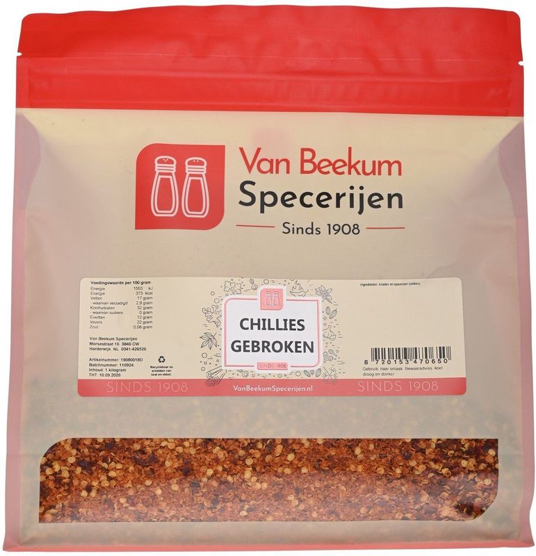Van Beekum - Chillies Gebroken - 1 Kilo - Hersluitbare Zak