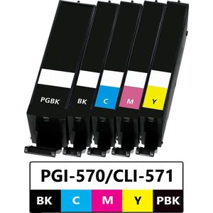 Geschikt voor Canon PGI-570 / CLI-571 XL inktcartridges - Multipack 5 Inktpatronen - Geschikt voor Canon Pixma MG5750 - MG5751 - MG6850 - MG6852 - MG6853 - MG7750 - MG7751 - MG7752 - TS5050 - TS5051 - TS5055