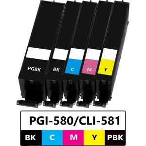 Geschikt voor Canon PGI-580 / CLI-581 XL inktcartridges - Multipack 5 Inktpatronen - Geschikt voor Canon Pixma TR7550 - TR8550 - TS6150 - TS6250 - TS6300 - TS6350 - TS6351 - TS705 - TS8150 - TS8250 - TS8251 - TS8350 - TS9150 - TS9550