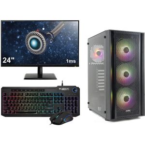 Complete Game PC Setup Met Nvidia GeForce RTX 3050 6GB Videokaart - 24"" Gaming Monitor, Toetsenbord en Muis - Intel i3 10100F - 16GB RAM - 500GB M2 SSD - WiFi - Windows 11 Professional - Gamdias Aura GC2