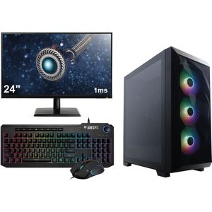 AMD Ryzen 7 5700G 8-Core Budget Game PC SET met RGB LED verlichting in MESH Behuizing - 24"" 1ms Scherm - Gaming Toetsenbord en Muis - 16GB (2x8) RAM - 500GB M.2 SSD - RX Vega 8 - Windows 11 Professional