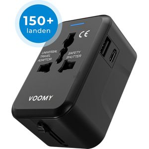 Voomy Universele Reisstekker - Wereldstekker voor 150+ landen - 1 USB C poort, 1 USB A Poort & 1 Stekker Ingang - Travel Adapter: Amerika (USA), Engeland (UK), Australië, Zuid Amerika, Afrika, Italië, Thailand - Zwart