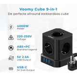 Voomy Cube 2.0 USB-C Stekkerdoos 20W - Met Schakelaar - 5 Stopcontacten - 4 USB Poorten - Powercube - Snellader - 2M Verlengsnoer - Zwart
