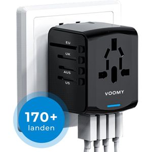 Voomy Reisstekker Wereld - 170+ Landen - 4 USB Poorten - Wereldstekker