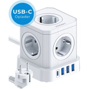 Voomy Cube 20W Stekkerdoos met USB-C - Met Schakelaar - 5 Stopcontacten - 4 USB Poorten - Powercube - Snellader - 2M Verlengsnoer - Wit