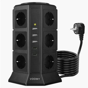 Voomy - Toren Stekkerdoos - 12 Stopcontacten - 5 USB-Poorten - 20W Snellaadfunctie