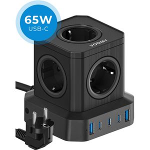 Voomy Cube 65W Stekkerdoos - 3 USB-C & 2 USB-A Poorten - 5 Stopcontacten - Aan / Uit schakelaar - Snellader voor Laptop, Telefoon & Tablet - Powercube - Oplader, Adapter, Verlengsnoer - Zwart
