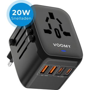 Voomy Universele Wereldstekker - 170+ landen - 20W Snellader - 2 USB-C & 2 USB-A Poorten - Reisstekker Wereld: Amerika (USA), Engeland (UK), Australië, Zuid Amerika, Afrika, Italië, Thailand - Zwart