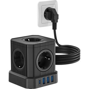 Voomy - Cube 2.0 - Stekkerdoos - Zwart - 5 Stopcontacten - 3 USB-A Poorten - 20W USB-C