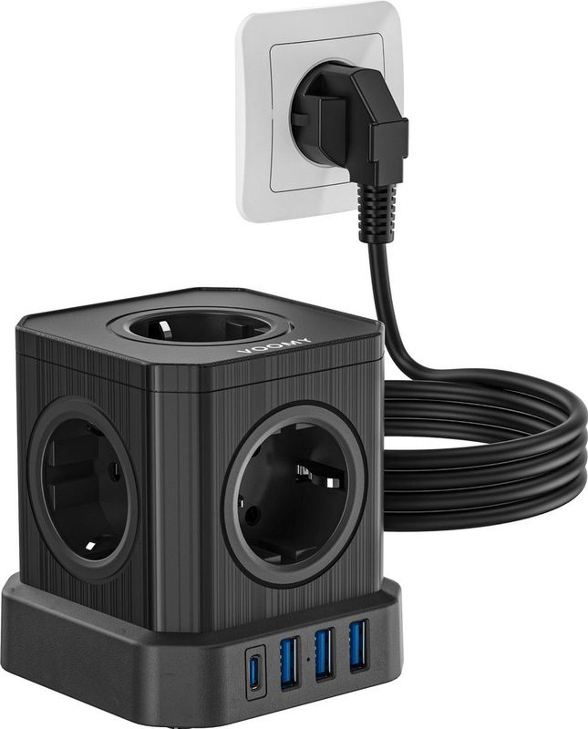 Voomy - Cube 2.0 - Stekkerdoos - Zwart - 5 Stopcontacten - 3 USB-A Poorten - 20W USB-C