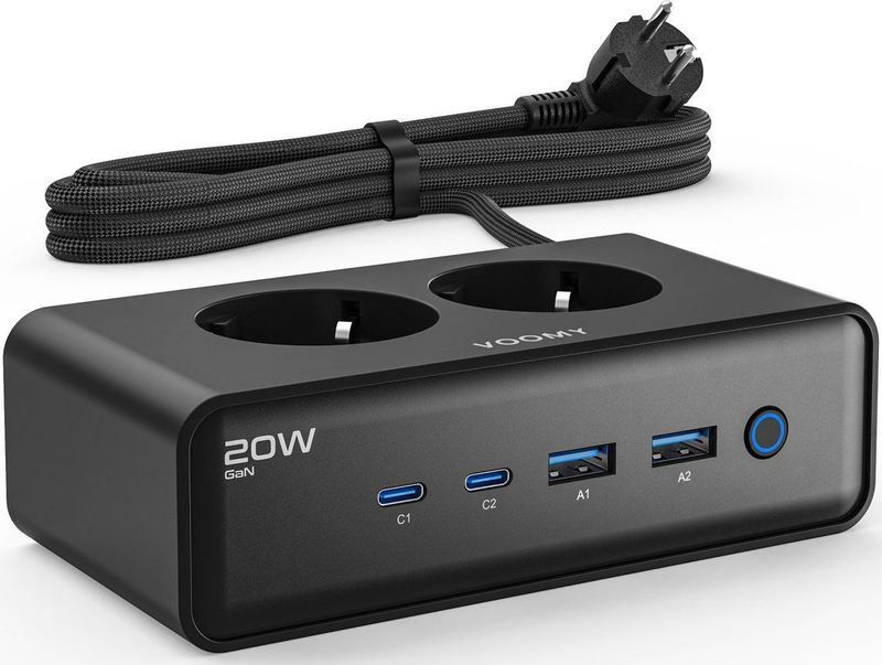 Voomy - Stekkerdoos - Wit - 2 Stopcontacten - 4 USB-Poorten