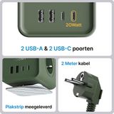 Voomy - Power Cube S7 - Stekkerdoos - Groen - 4 Stopcontacten - 2 USB-C - 2 Meter