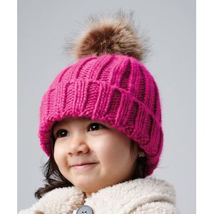 Muts peuter met imitatie bont | roze | winter | chunky beanie pompom kids | fuchsia | 2 tot en met 4 jaar