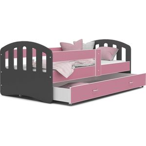 Kinderbed | Houten bed | 140x80cm| met lattenbodem | met uitschuiflade | grijs roze | met matras