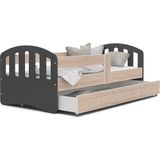 Kinderbed | Houten bed | 180x80cm| met lattenbodem | met uitschuiflade | grijs hout | met matras