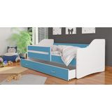 Kinderbed Luxe Uitvoering 180x80 cm - Wit/Blauw - met Lade - met Matras