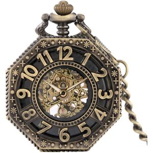 GWS Zakhorloge Skeleton Brons – Met ketting - Mechanisch Achthoekige Zakhorloge met handmatige opwinding