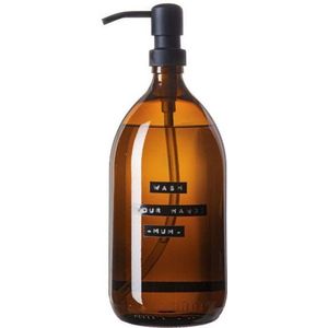 Wellmark Handzeep bruin glas zwarte pomp 1000ml tekst WASH YOUR HANDS..MUM Zwart label 8720165018123